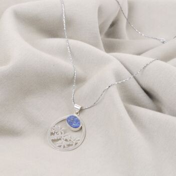 Lapis Lazuli Round Locket | Silver Floral Engraved Drop Pendant 