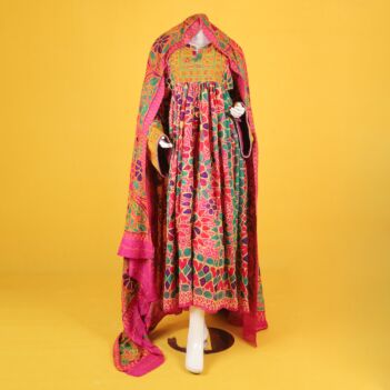 Floral Cross-Stitch Pleated Gand Afghani | Balloon Sleeve Traditional Afghan Dress