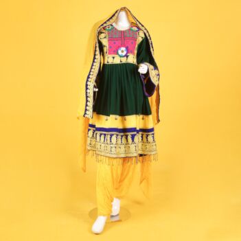 Green Pleated 3-Piece Kuchi Gand e Afghani Traditional Dress
