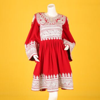 Red Silk Chemra Embroidered Frock | Open Sleeve Short Traditional Dress