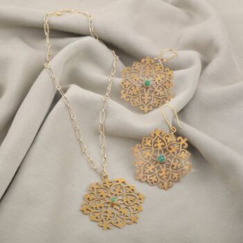 Emerald Gold-Plated Jewelry Set | Flower Carved Pendant & Earrings