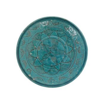 Turquoise Blue Small Ceramic Plate | Handcrafted Footed Floral Paint Plate 