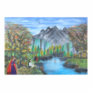 Spring Village View Painting | Rural Couple Artwork 