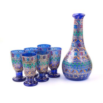 Handmade Blue Glass Set with Jug | Antique Complete Tableware Collection