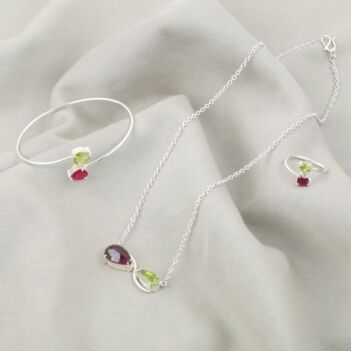 Ruby and Peridot Jewelry Set | Silver Necklace, Cuffes & Ring