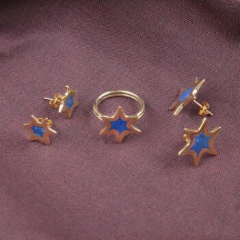 Lapis Lazuli Star Design Jewelry Set | Gold Plated Earrings & Ring 