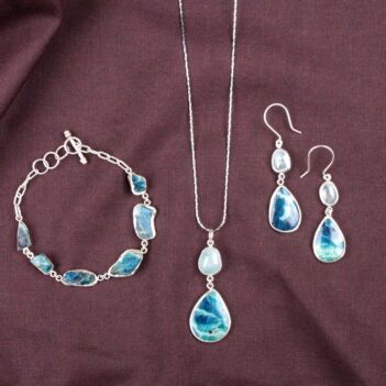 Blue Rough Aquamarine Pear Shape Jewelry Set | Silver Necklace, Earrings & Bracelet 
