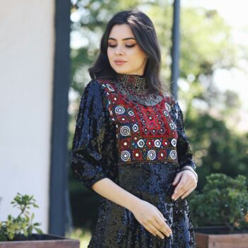 Black Sequin Maxi | Front Embroidered & Semi-short Sleeves Women's Wear