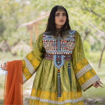 Afghan tradional clothes for women | Pistachio Balloon Sleeves Dress, Gandi afghani