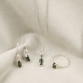 Green Beroj Stone Jewelry Set | Silver Rectangle Pendant, Earrings & Ring