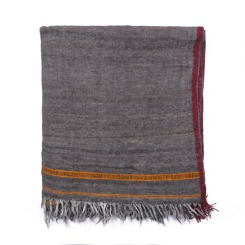 Dark Gray Nuristani Woolen Patu | Casual Wear Shawl with Striped Borders