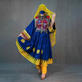 Balochi Yakhan Gand e Afghani | Blue Velvet Afghan Dress for Women
