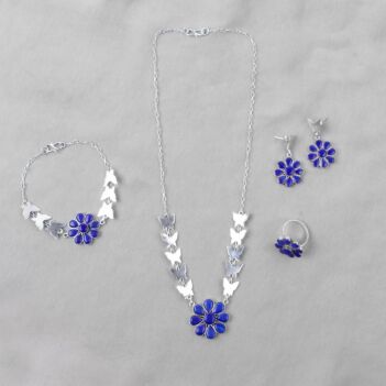 Lapis Lazuli Butterfly Jewelry Set | Silver Flower Cut Necklace, Earrings, Ring & Bracelet