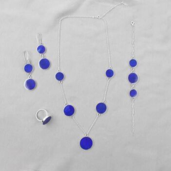 Lapis Lazuli Stone Flat Round Jewelry Set | Silver Necklace, Earrings, Ring & Bracelet 