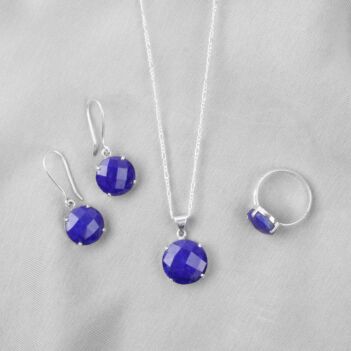 Lapis Lazuli Round Jewelry Set | Silver Drop Pendant, Earrings & Ring