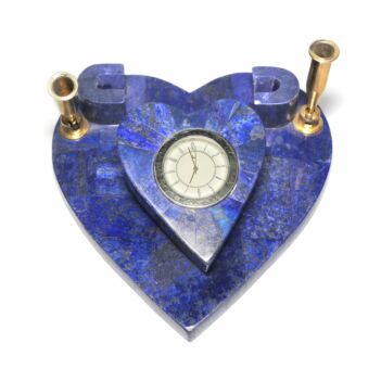 Lapis Lazuli Pen Holder with Attached Clock | Heart Design Pen Stand and Clock