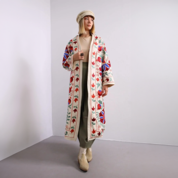 Cream Colored Floral Embroidered Bohemian Kaftan