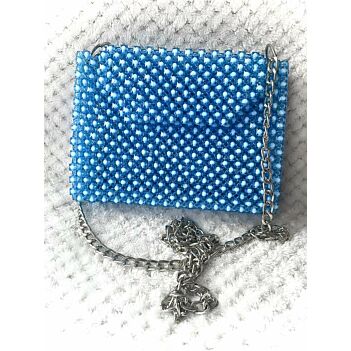 Blue Beaded Mini Shoulder Bag | Handmade Flip Bag with Chain Strap 