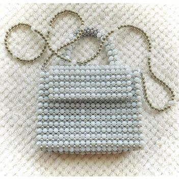Gray and White Bead Embroidered Quilted Bag | Chain Strap Clutch Shoulder Bag 