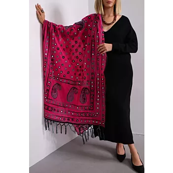 Pink Flower Embroidered Sequin Large Shawl