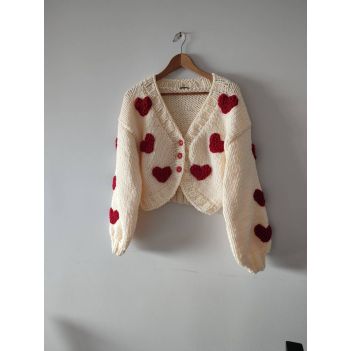 Cotton heart cardigan, knitted all seasons sweater with buttons