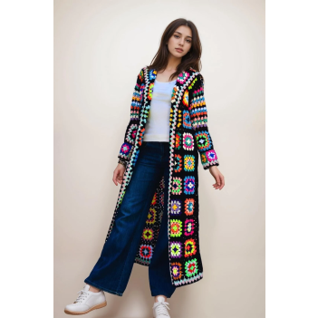 Long Oversize Crochet Granny Square Coat for Women,