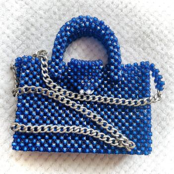 Dark blue Bead Embroidered Handheld Bag | Chain Strap Clutch Shoulder Bag