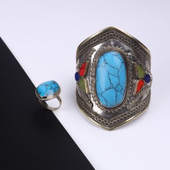 Blue Turquoise Bangle Bracelet & Ring | Silver Cuff Bracelet & Marquise Ring Set  