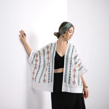 White Embroidered Short Kimono
