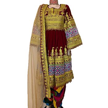 Velvet Full Embroidered Gande Afghani | Dark Red Pleated Frock, Trousers & Shawl 