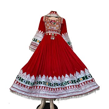 Velvet Bridal Gande Afghani | Red Pleated Skirt Frock With Shawl 