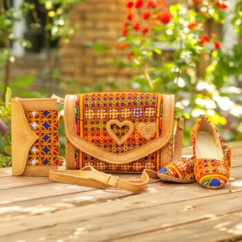Matching Thread Embroidered Bag, Handbag & Shoe Set | Tote Bag, Clutch Purse & Ballet Shoe Pair 