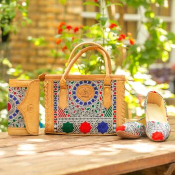Matching Cherma Embroidered Bag, Handbag & Shoe Set | Tote Bag, Clutch Purse & Ballet Shoe Pair 